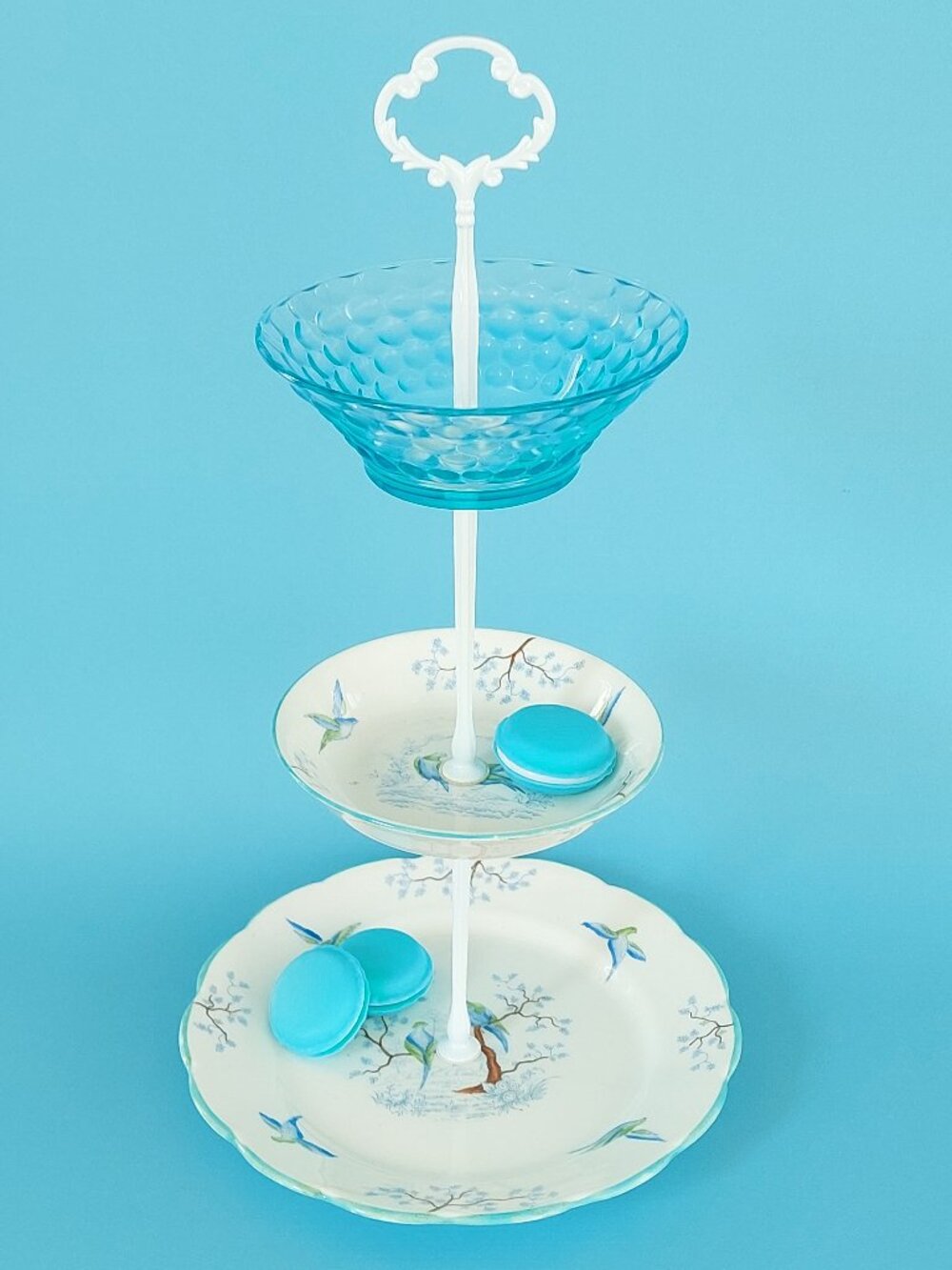 Vintage Blue Bird English Bone China Three Tier High Tea Stand Candy Dish